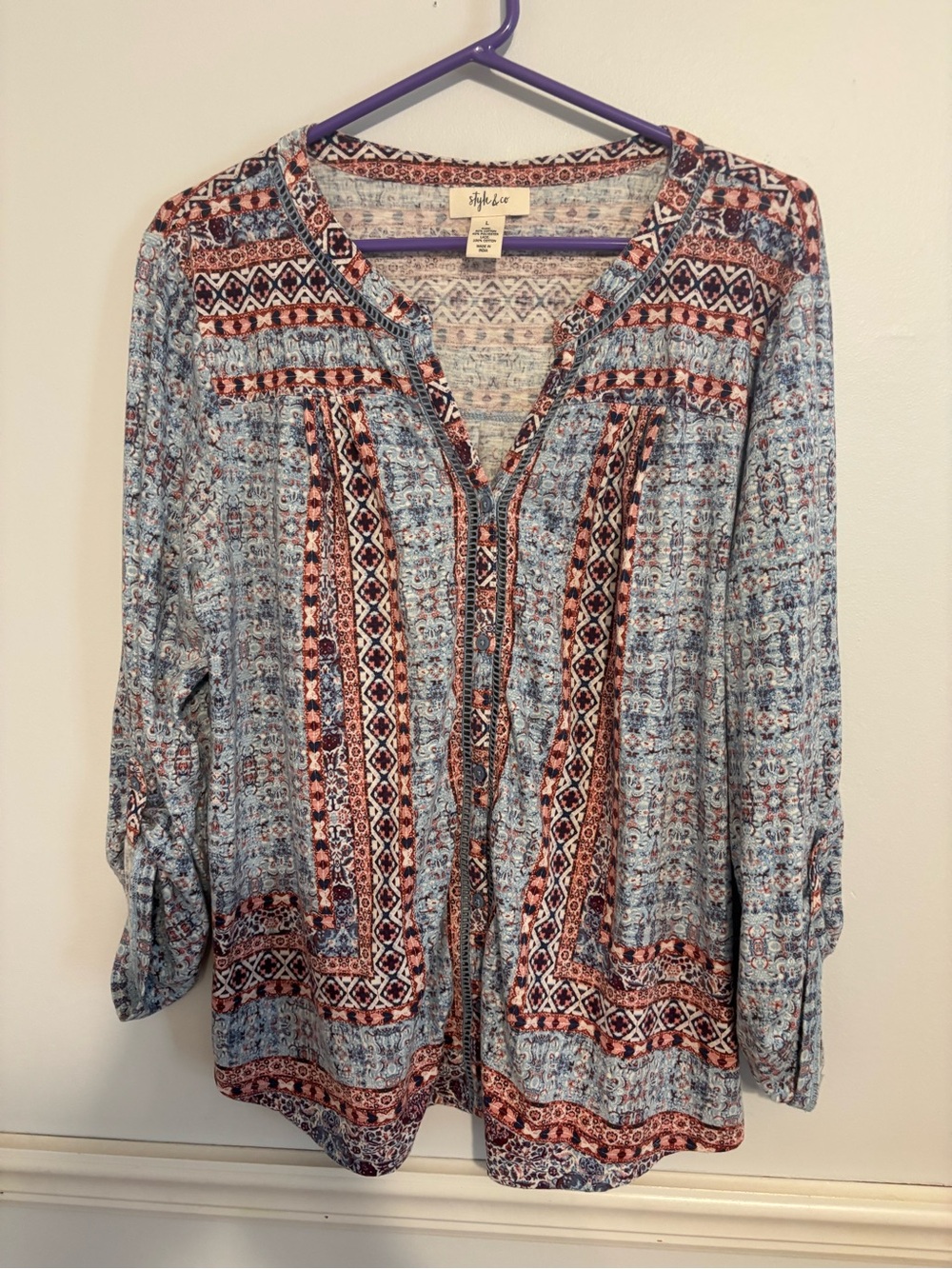 Style & Co. Blue Patterned Button-Front Peasant Blouse